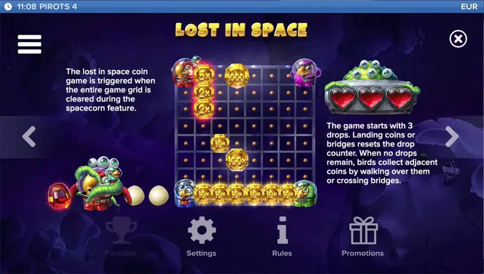 Pirots 4 -voittotaulukko taso 7 symboleilla ja arvoilla Lost in Space -maailmassa