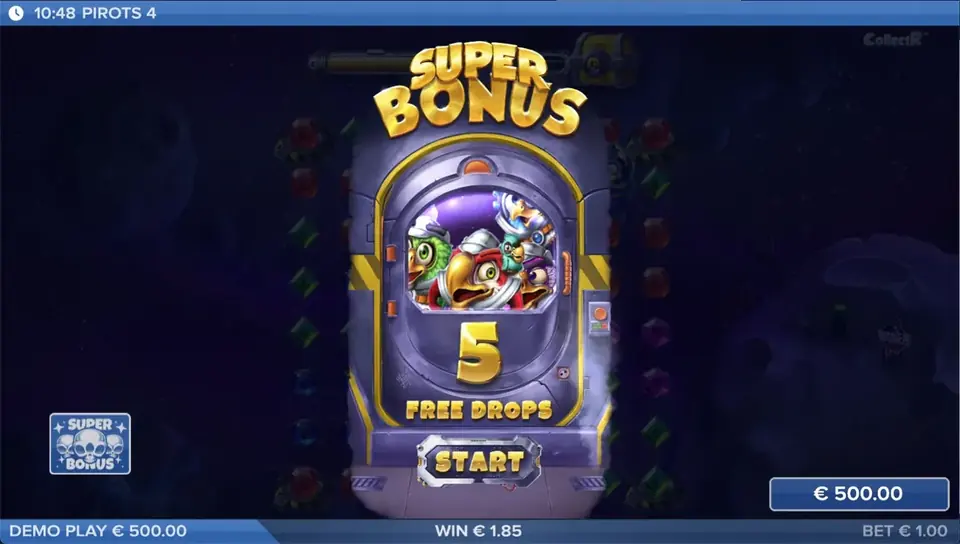 Pirots 4 superbonustila Free Drops -toiminnolla aktivoituna Lost in Space -maailmassa