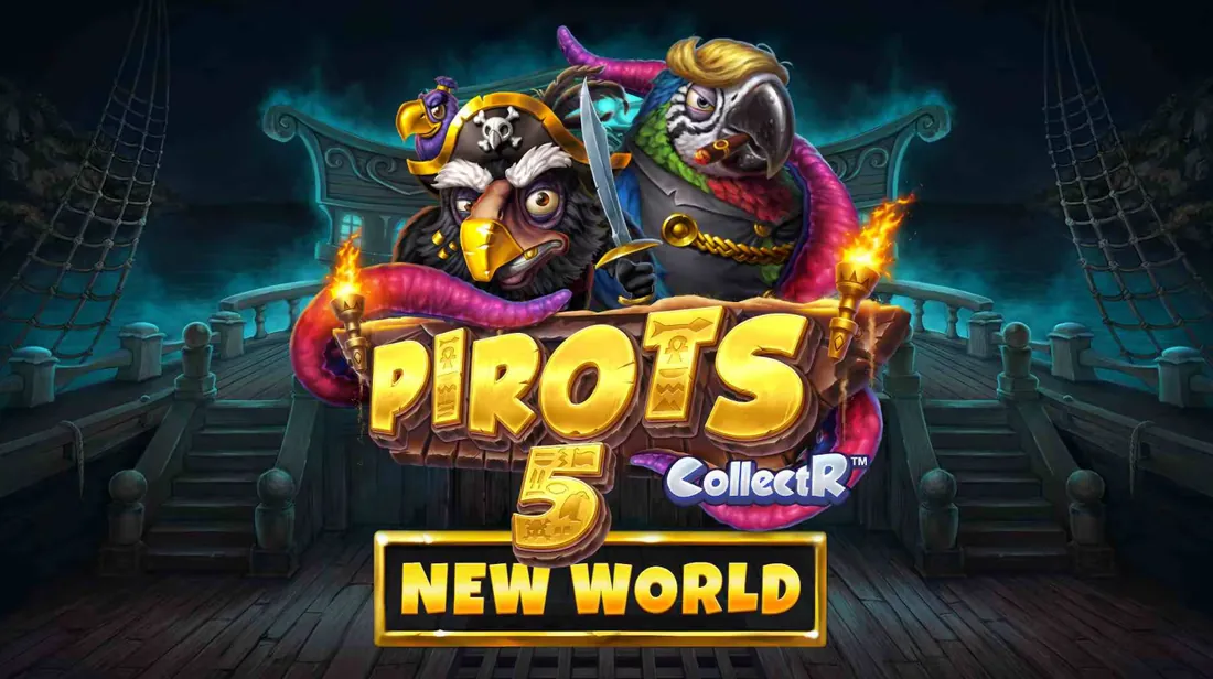 Pirots 5 New World -mainosbanneri, jossa Captain Redfeather, Aaron ja Krakenin lonkerot