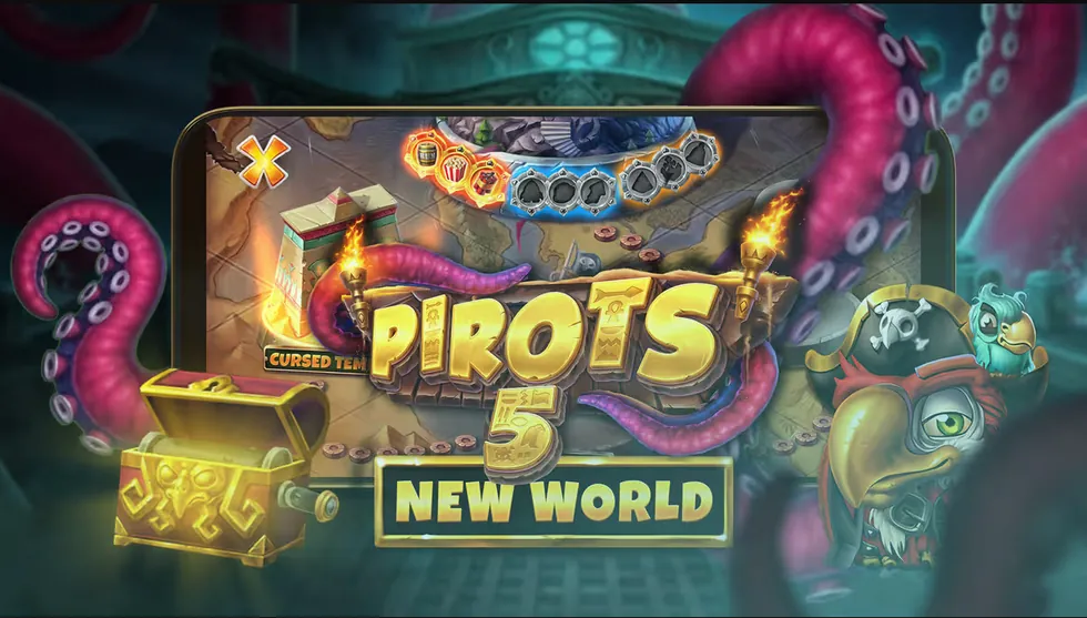 Pirots 5 The Kraken mobiilissa, ylhäällä Cursed Temple -maailmanvalitsin
