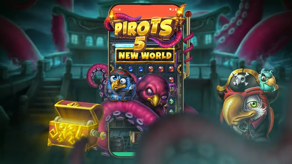 Pirots 5 The Kraken älypuhelimessa: pelikenttä, aarrearkku ja Krakenin lonkerot