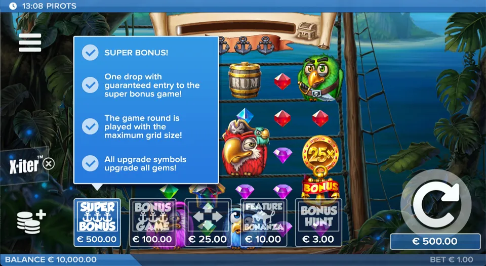 Pirotsin X-iter-valikko: Super Bonus, Bonus, Super Spin, Feature drop ja Bonus Hunt
